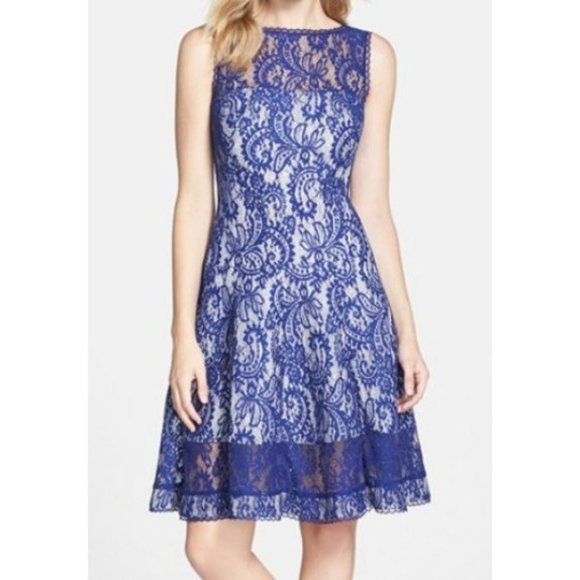 Womens Size XS Tadashi Shoji Blue Corded Lace Spacer Mesh Fit and Flare Dress - Picture 2 of 8